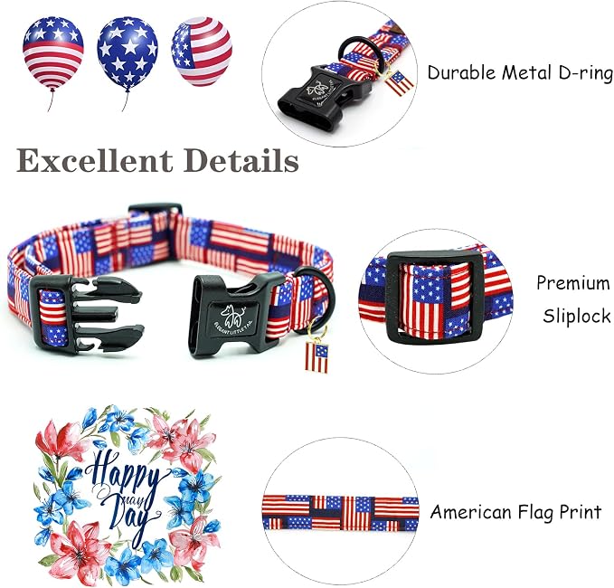 Elegant little tail Independence Dog Collar, 4th of July Holiday Pet Collars Cotton Patriotic Puppy Girl or Boy Soft Pet Gift Adjustable Dog Collar for Small Medium Large Dogs