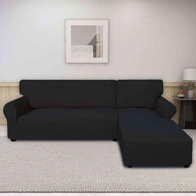 PureFit Super Stretch Sectional Couch Covers - 2 pcs Non Slip Sofa Covers with Elastic Bottom for L Shape Sectional Sofa Couch, Great for Kids & Pets (3 Seat Sofa + 3 Seat Chaise, Black)