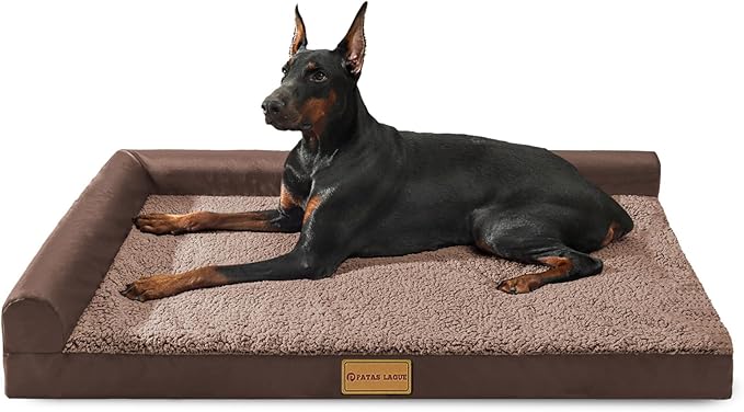 Patas Lague Orthopedic XL Dog Bed Large Sized Dog 42''X28'', Waterproof L Bolster Big Large Pet Sofa Beds with Removable Washable Cover, Soft Pet Couch Crate Mat with Nonskid Bottom, Brown