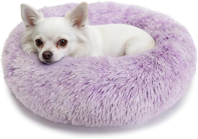 Calming Donut Dogs Beds for Small Dogs Washable,19inch Fluffy Round Puppy Bed for Puppies,Cats & Toy Breeds with Raised Rim,Fits up to 15 lbs Pets,Gradient Purple