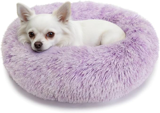 Calming Donut Dogs Beds for Small Dogs Washable,19inch Fluffy Round Puppy Bed for Puppies,Cats & Toy Breeds with Raised Rim,Fits up to 15 lbs Pets,Gradient Purple