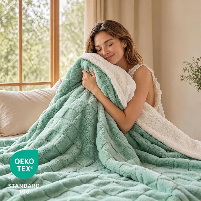 Luciphia Waterproof Dog Blanket, Leakproof Large Pet Blanket for Couch Sofa Bed Furniture Cover Protector, Washable Soft Sherpa Fleece with 3D Jacquard, Cozy Calming Reversible, Sage Green, 65"x57"