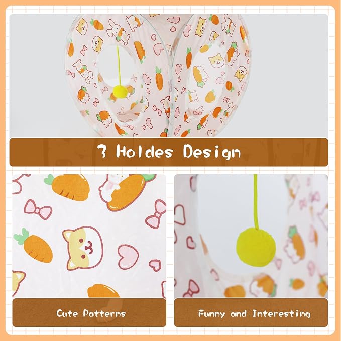 Andiker Cat Tent, 3 Holes Safe and Strong Cute Cats Tunnel Collapsible Easy to Carry Cat House for Indoor Cats Kittens Hiding Playing Training Sleeping (Square Carrot)
