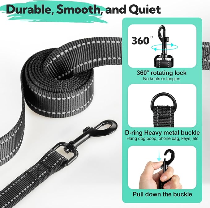 2-Handle Dog Leash Heavy Duty, Traffic Control & Night Safety Reflective Lead for Mid Large Dogs, Comfort Padded Grip Dog Leashes for Walking and Training(6 FT x 1" Wide, Black+ Teal)