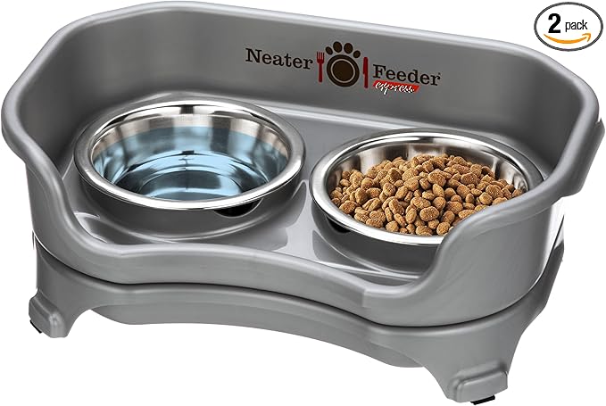 Neater Feeder Express Mess Proof Cat Bowls Elevated, No Spill Feeding Station, Stainless Steel Dishes for Food and Water, Raised Bowls for Indoor Cats, No Fatigue Whisker Friendly Dish, Grey