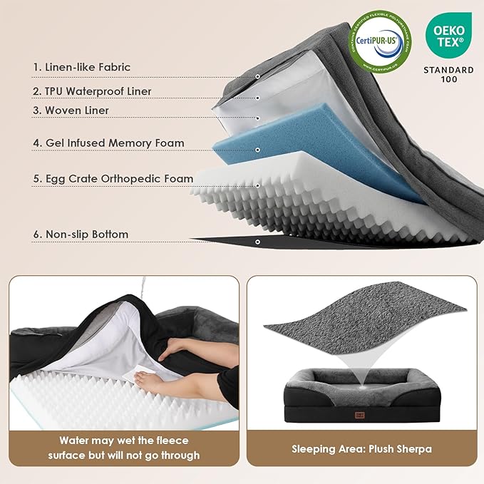 EHEYCIGA Orthopedic Dog Bed for Large Sized Dog, 36x27 Inch Large Memory Foam Dog Couch Bed with Sides, Waterproof Liner & Washable Removable Cover, Bolster Pet Sofa, Grey/Black