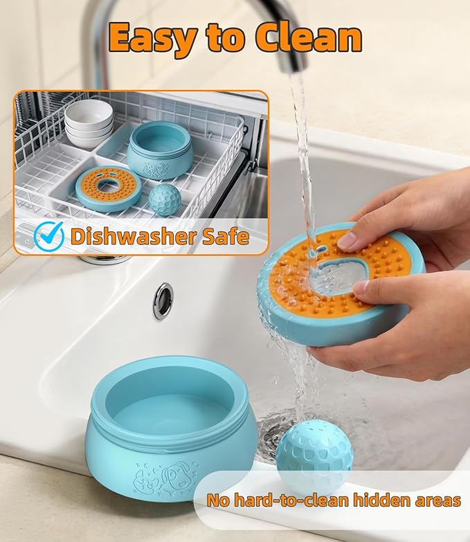 Slow Feeder Dog Bowl, 2-in-1 Interactive Dog Slow Feeder with 360° Rolling Ball for Yogurt, Wet Food & Liquid Treats, Spill-Resistant Anti-Slip Feeding Bowl for Dogs & Cats, Easy-Clean(Blue)