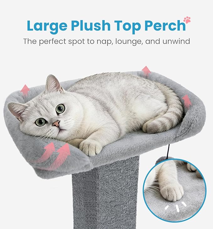 Made4Pets Cat Scratching Post with Bed, 32'' Modern Cat Scratcher with Top Plush Cat Bed, Tall Cat Scratch Post for Indoor Cats, Heavy-Duty Carpet Scratching Post with Hanging Ball Toy, Grey