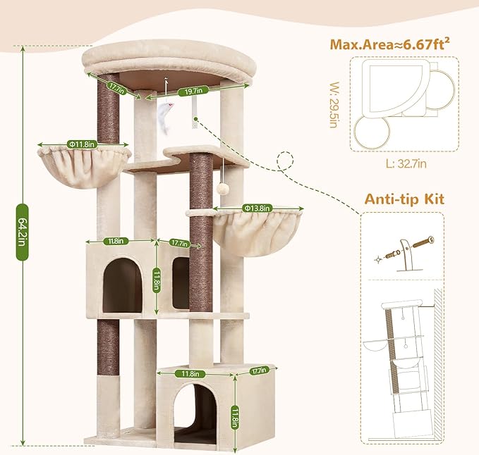 Globlazer 64in Corner Cat Tree for Large Indoor Cats, Space Saving Multi-Level Cat Tower with 2 Condos, 2 Hammocks, 4 Sisal Scratching Posts, C64, Beige