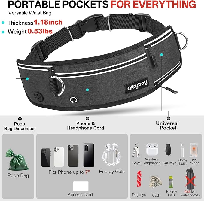Hands Free Dog Leash, 240LB Heavy Duty Retractable with Partitioned Pouch Adjustable Waist Belt for Walking Running Jogging Hiking Biking Training for Medium/Large 25-120LBS Dog(Not for＜25LBS)