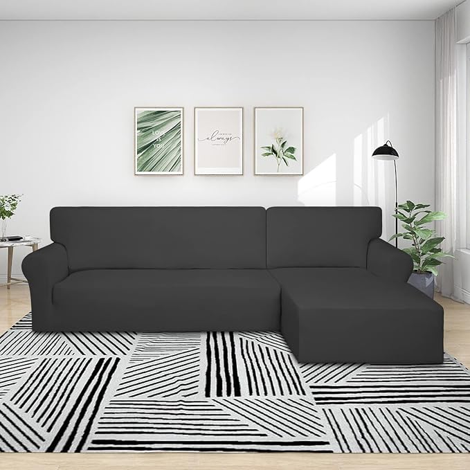PureFit Super Stretch Sectional Couch Covers - 2 pcs Spandex Non Slip Sofa Covers with Elastic Bottom for L Shape Sectional Sofa Couch, Great for Kids & Pets (3 Seat Sofa + 2 Seat Chaise, Dark Gray)