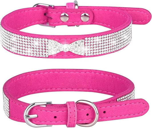 Rhinestone Dog Collar, Cute Dazzling Sparkling Soft Suede Leather Dog Cat Rhinestone Collar Crystal Diamond Pet Dog Puppy Collar (S, Hot Pink-2)