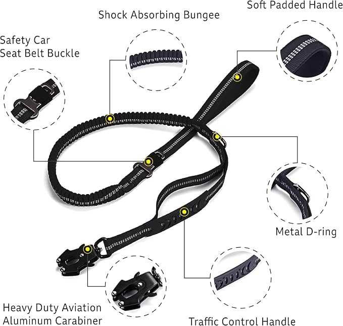 Heavy Duty Tactical Dog Leash, 4-6FT Shock Absorbing Bungee Lead with 2 Padded Handles, Metal Carabiner & Seatbelt Clip, Reflective No-Pull Leash for Medium/Large Dogs Black