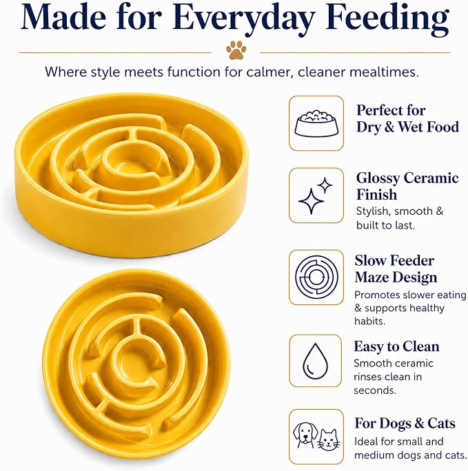 Slow Feeder Dog Bowls, Silicone Dog Bowl with Anti-Slip, Slow Feeder & Non-Slip Design, Boredom and Anxiety Reducer, Suitable for All Breed Dogs and Cat (Ceramic-Yellow)