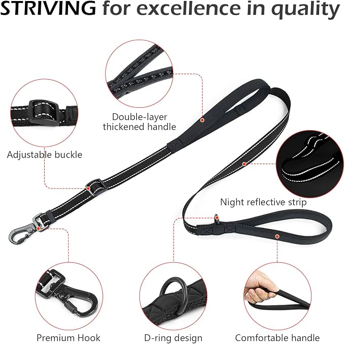 Reflective Double Handle Dog Leash for Large Dogs, Heavy Duty Adjustable Leash with Soft Padded Handles, Traffic Control Training Lead for Walking, Running (Black, 4ft)
