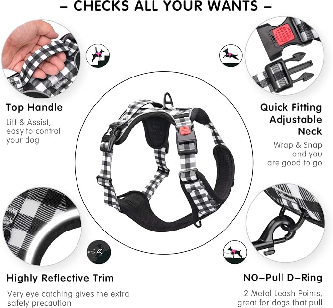 PoyPet No Pull Dog Harness, [Neck Release] Reflective Adjustable No Choke Pet Vest with Front & Back 2 Leash Attachments, Soft Control Training Handle for Small Dogs(Grid,L)