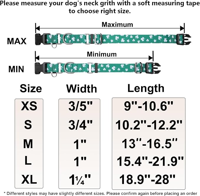 St.Patrick's Day Martingale Collar for Dogs with Buckle Adjustable Shamrock Spring Holiday Dog Collar (Clover, Small)
