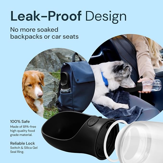 MalsiPree Dog Water Bottle Dispenser - 12 oz Black - Leak-Proof Lock & One-Hand Operation - On the Go Dog Water Dispenser - Pet Travel Bottle with Built-in Bowl, Travel & Hiking Ready