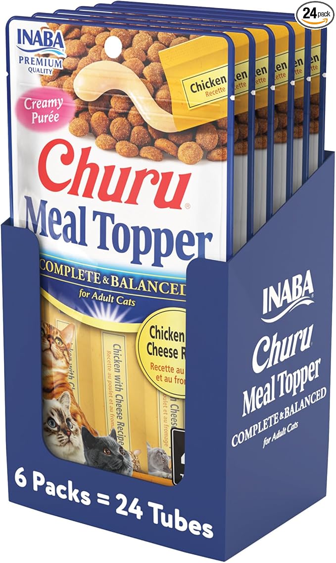 INABA Churu Meal Topper for Cats, Complete & Balanced, Creamy, Lickable Purée Cat Food Topper, 0.5 Ounce Tube, 24 Tubes (4 per Pack), Chicken with Cheese Recipe