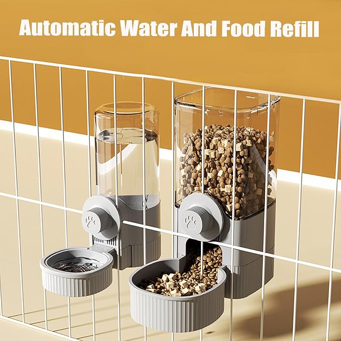 Hanging Automatic Food Water Dispenser,Rabbit Feeder Guinea Pig Water Bottle Food Feeder for Ferret Guinea Pig Rabbit Bunny Cage Accessories (Grey, 520ml+1200ml)