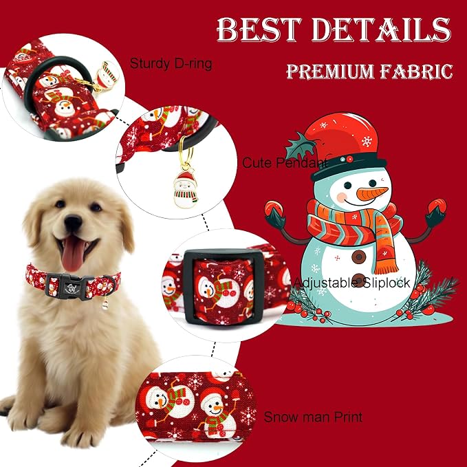 Elegant little tail Christmas Dog Collar, Snowman Print Pet Collar Cotton Soft Plastic Buckle Sturdy Puppy Collars Holiday Female or Male Adjustable Collar for Medium Dogs