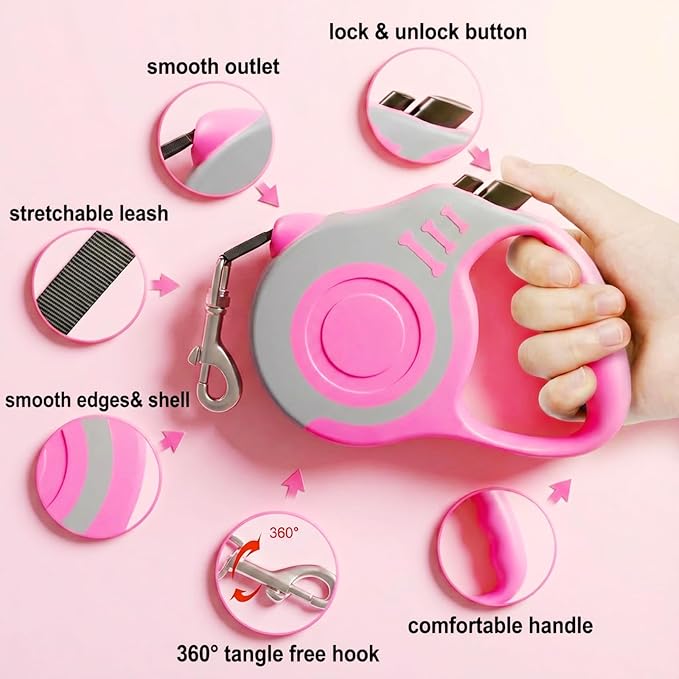 Retractable Dog Leash Lightweight 10/16FT Leash with Non-Slip Handle, for Small Dogs Puppy(Gray Pink, 10FT)