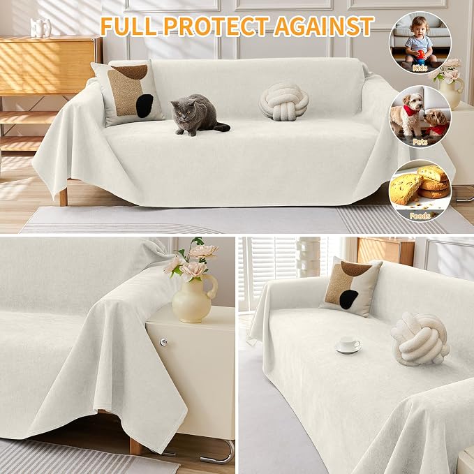 Deep Dream Cat-Scratch Resistant Couch Cover, Waterproof Sofa Cover for 3 Cushion Couch Washable, Pet Friendly Couch Protectors Anti Slip Thickened Sofa Slipcovers for Dogs Pets, 71" x 150", White