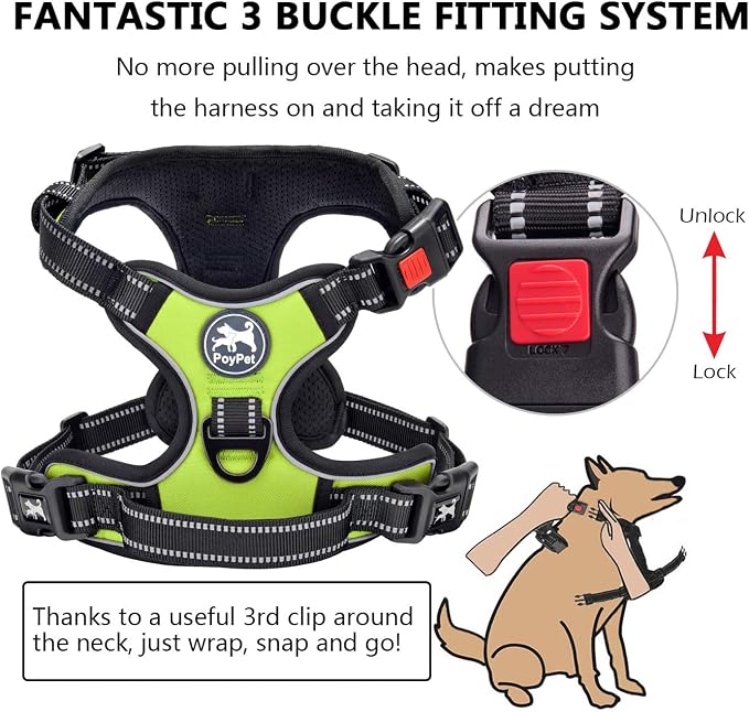 PoyPet No Pull Dog Harness, No Choke Front Lead Dog Reflective Harness, Adjustable Soft Padded Pet Vest with Easy Control Handle for Small to Large Dogs(Green,M)