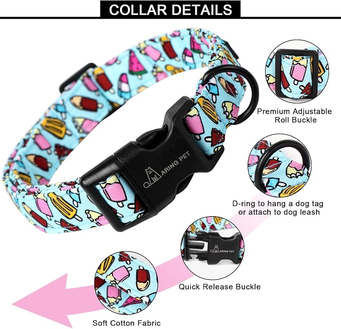ARING PET Summer Dog Collar, Cute Blue Ice Cream Doggy Collars for Puppy Small Medium Large Boy Girl Dogs Pet, for Daily Photos Outdoor Beach Walking Picnic, M