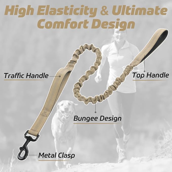 rabbitgoo Tactical Bungee Dog Leash with Shock Absorption, Military Training Leash with 2 Padded Control Handles for Medium Large Dogs, 5.2FT, Brown