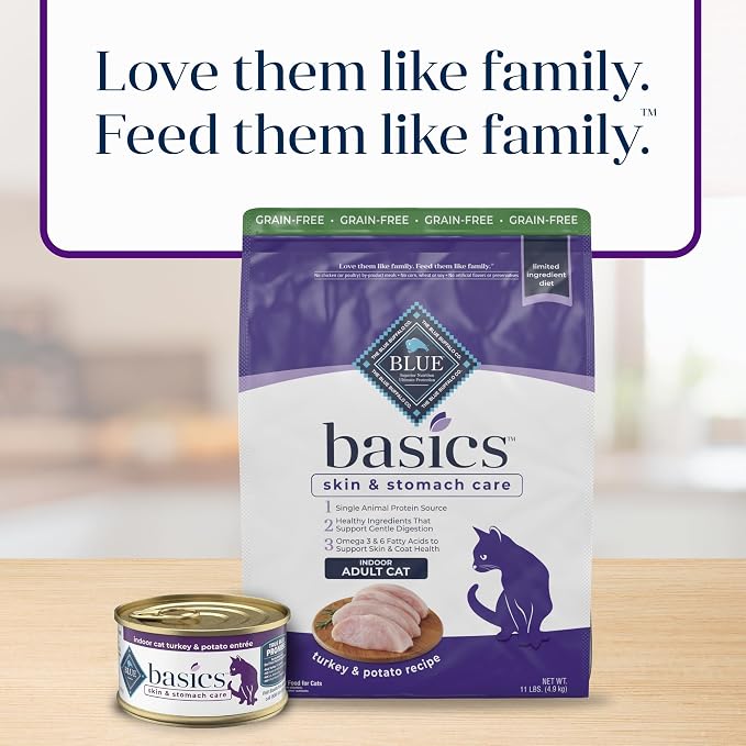 Blue Buffalo Basics Grain-Free Dry Cat Food, Skin & Stomach Care, Limited Ingredient Diet for Indoor Cats, Turkey & Potato Recipe, 11-lb. Bag