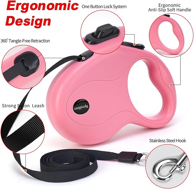 enrgticdg 16Ft Retractable Dog Leash,Light Weight Leash for Small to Medium Dogs/Cats Up to 50lbs,Stainless Steel Spring Strong Nylon Tape, Tangle Free, One-Handed Brake.(Pink-Black)