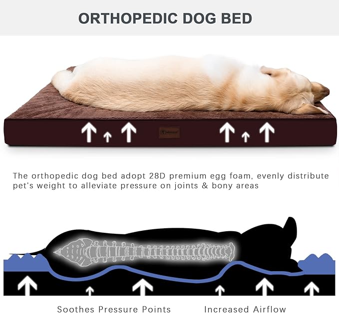 Waterproof Dog Bed Medium Size Dog Orthopedic Dog Beds for Crate with Removable Washable Cover Egg-Crate Foam Pet Pad Mat with Anti-Slip Bottom, 35x22 Inch, Brown
