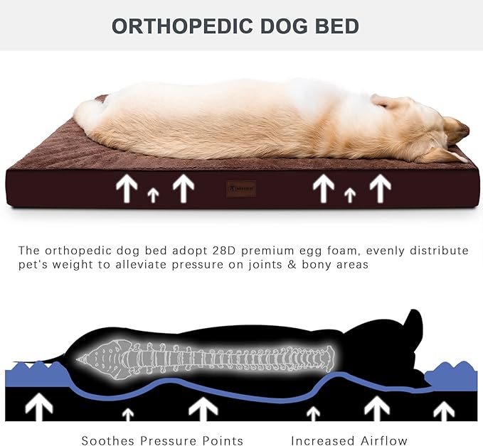 Waterproof Dog Beds Large Sized Dog Orthopedic Dog Beds for Crate with Removable Washable Cover Egg-Crate Foam Pet Pad Mat with Anti-Slip Bottom, 41x27 Inch, Brown