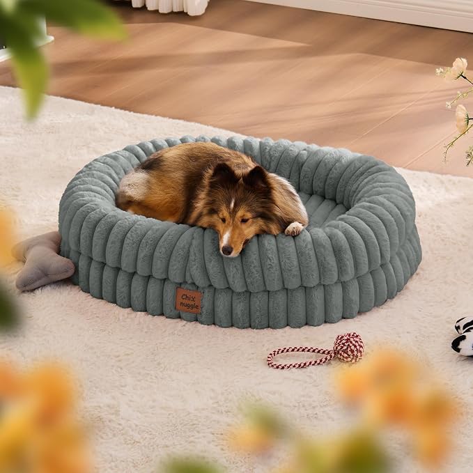 ChiXnuggle Orthopedic Dog Bed for Medium Dogs, Waterproof Faux Rabbit Fur Dog Couch with Egg Crate Foam Support and Washable Removable Cover, Bolster Pet Sofa with Non-Slip Bottom, 30x24x7, Grey
