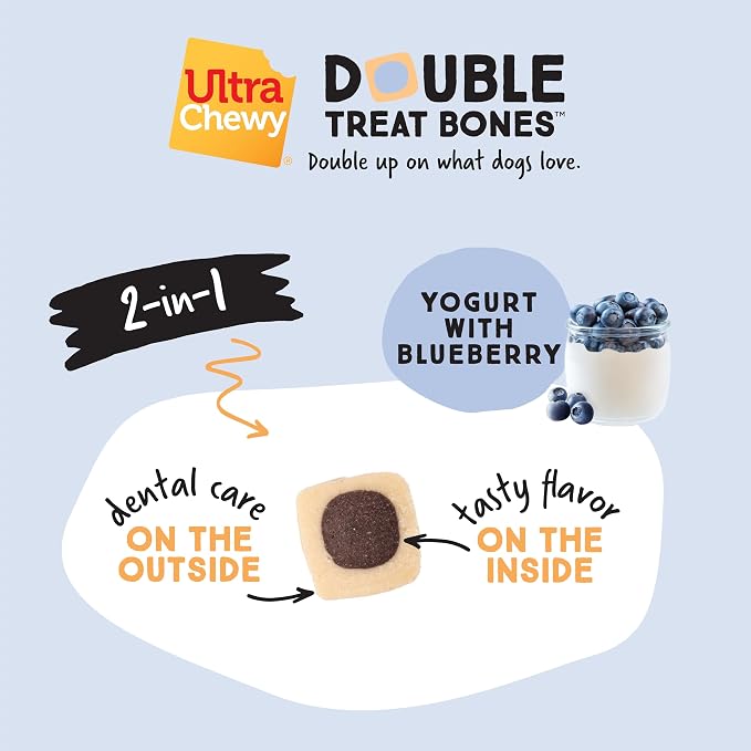 Ultra Chewy Yogurt with Blueberry Double Treat Bones: Long-Lasting Dog Treats Made in USA for Large and Small Breeds, Highly Digestible (12 Count)