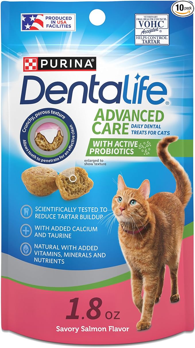 Purina DentaLife Made in USA Facilities Cat Dental Treats, Savory Salmon Flavor - (Pack of 10) 1.8 oz. Pouches