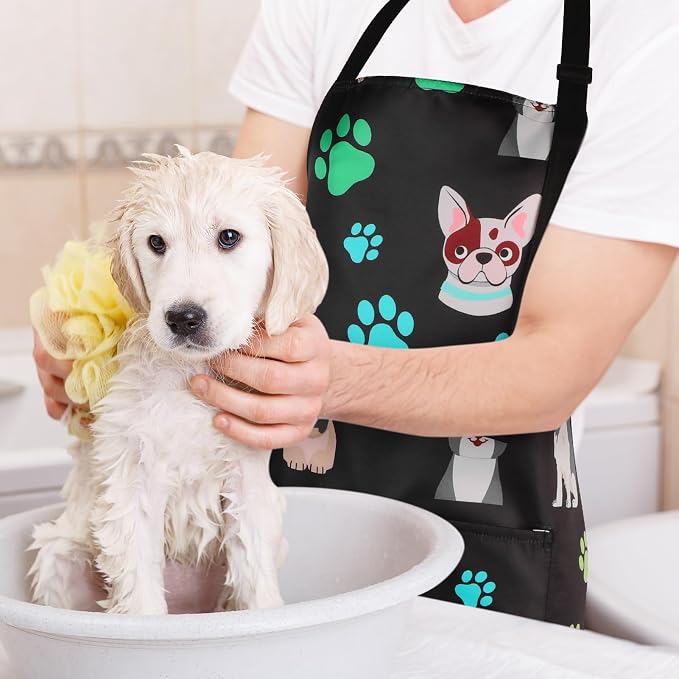 Dog Grooming Waterproof Apron with 2 Pockets, Cute Animals Puppy Dog Pets Apron