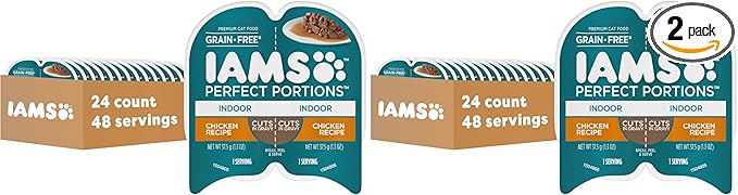 IAMS Perfect Portions Grain Free Wet Cat Food, Indoor Adult Cat Food Wet Cuts in Gravy, Chicken Recipe, (24) 2.6 oz. Twin-Pack Trays (Pack of 2)