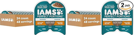 IAMS Perfect Portions Grain Free Wet Cat Food, Indoor Adult Cat Food Wet Cuts in Gravy, Chicken Recipe, (24) 2.6 oz. Twin-Pack Trays (Pack of 2)