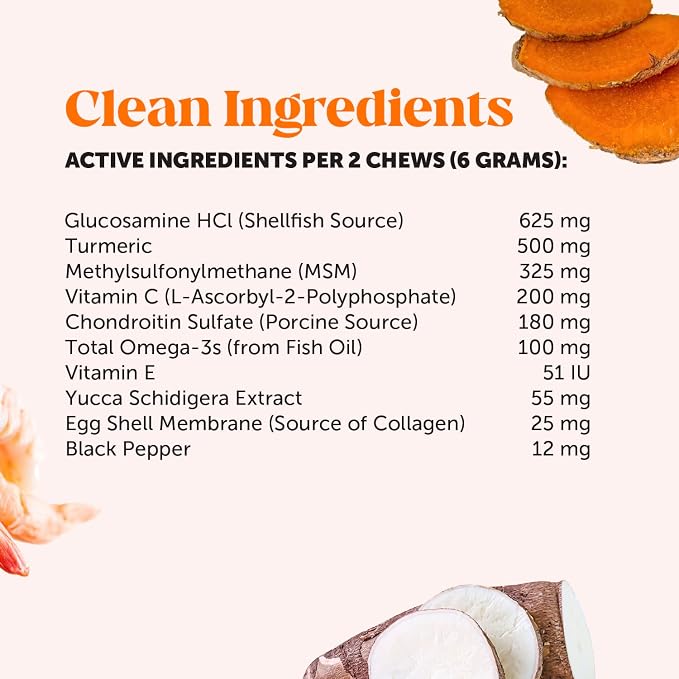 Hip + Joint Supplement for Dogs with Glucosamine Chondroitin - MSM, Turmeric & Collagen Soft Chews - Joint Function, Stiffness, and Mobility Support, May Reduce Occasional Discomfort (Chicken, 90 Ct)