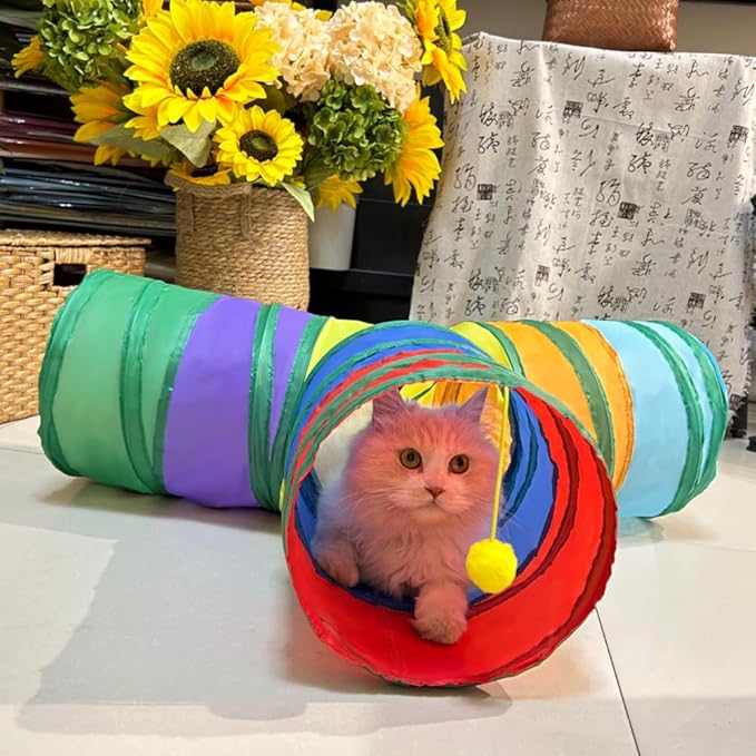 3-Way Collapsible Cat Tunnel Tube Toy Rainbow T— Interactive Play Tunnel with Hanging Ball & Peek Hole for Indoor Cats, Kittens, Puppies & Rabbits | Hours of Fun & Exercise