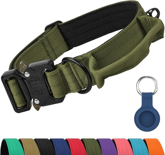 Joytale Tactical Dog Collar for Medium Dogs with Control Handle, Heavy Duty Military Training Collar for Power Breeds, AirTag Holder Case, Quick Release Metal Buckle, Soft Padded, M, Army Green