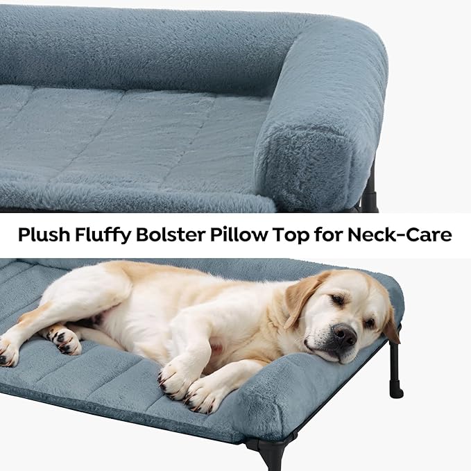 Veehoo Orthopedic Elevated Dog Bed with Fluffy Plush Bolster Cushion, Indoor Raised Dog Beds for Large Dogs, Soft Pet Sofa Cot with Removable Washable Mat, No-Slip Feet, 42 x 30 inches, Haze Blue