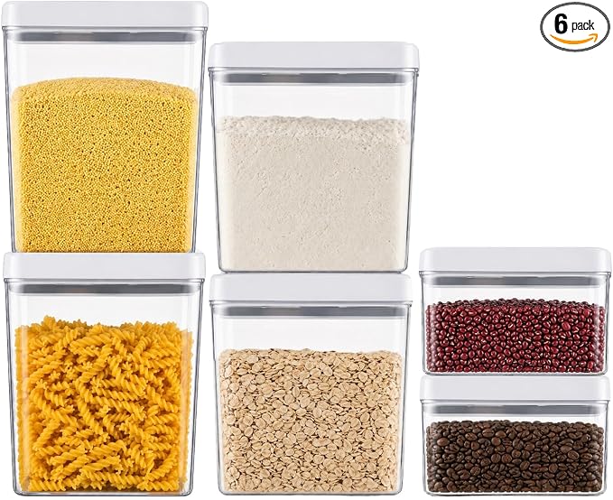 UFORU Food Storage Containers with Twist Lids, 6 Pcs Airtight Food Storage Containers Set, Stackable Kitchen Pantry Organizer, Rotary Opening Containers for Flour, Cereal & Sugar(0.7/1.3/1.8QT)*2