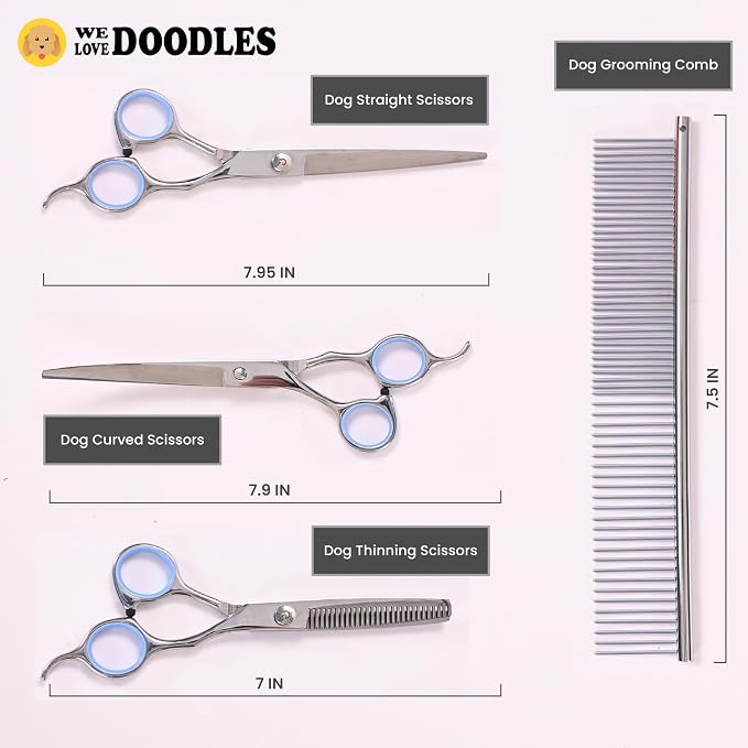 Dog Grooming Scissors Kit - Best Tools for Goldendoodles & Poodles- Straight, Curved & Thinning Shears - Golden Doodle Grooming Professional Grade Stainless Steel, 4 Pc Set (Long Silver)
