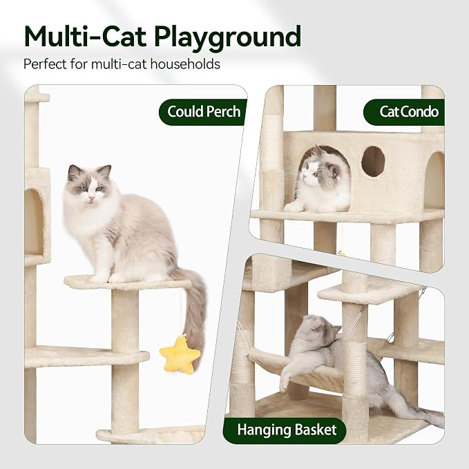 Meecal 79inch Heavy Duty Cat Tree for Indoor Cats Large Adult, Tall Giant Cat Tower with Scratching Post, Large Perches, Cozy Cat Condos & Hanging Hammocks, Beige