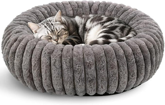 Cat Bed for Indoor Cats, 24 inch Calming Cat Bed with Ultra Soft Plush, Machine Washable Round Anti-Anxiety Pet Bed for Large Cats and Small Dogs, Grey