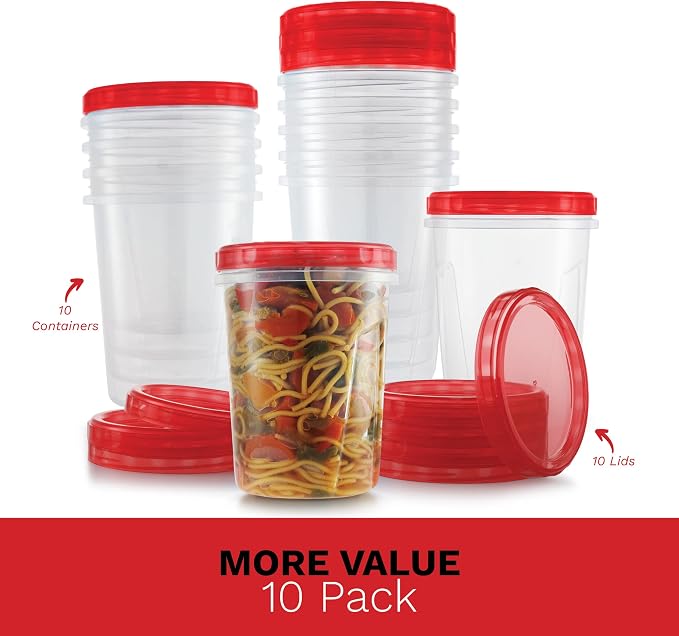 Freezer Containers for Food [32 Oz - 10 Pack] Freezer Storage Containers with Twist Top Lids | Reusable Plastic Soup Containers with Lids | Quart Containers with Screw on Covers | Leakproof, BPA Free