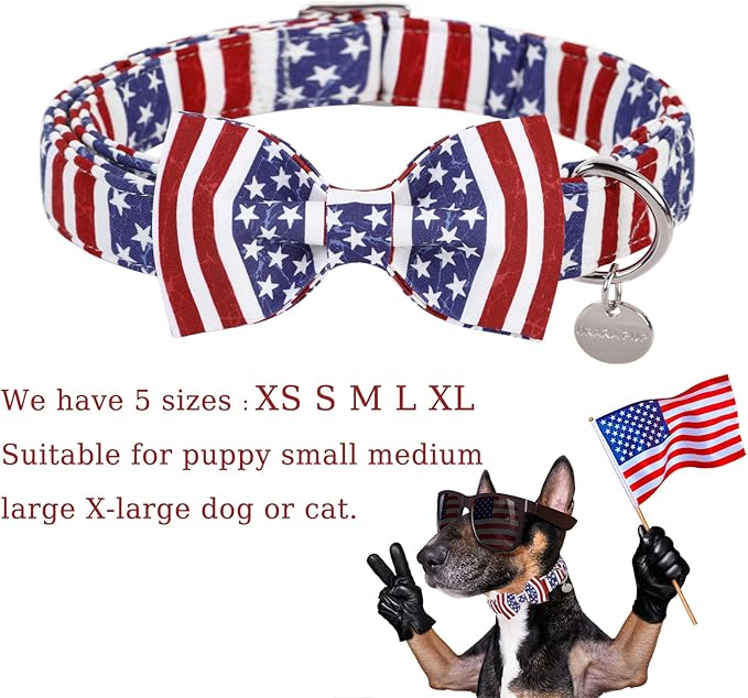 Dog Collar with Bow Tie, 4th of July Comfortable Cotton Dog Collar, American Flag Collar for Large Girl Boy Dog, Patriotic Bowtie Collar with Metal Buckle, L